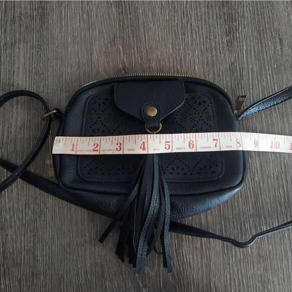 Black Laser Cut Faux Leather Mini Crossbody Bag - Picture 6 of 8